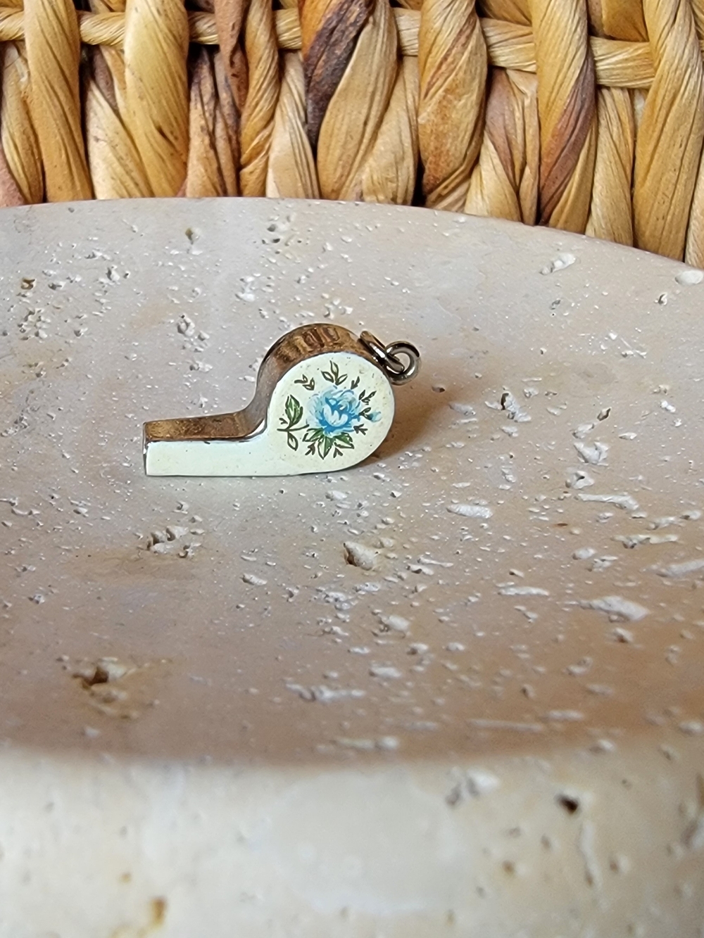 Vintage Blue Floral Whistle Charm Pendant Estate Sale Find